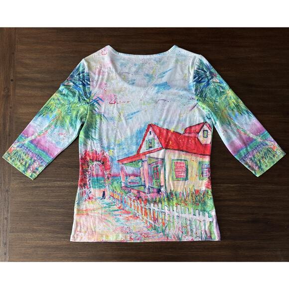 Leoma Lovegrove Shirt Womens Small Multicolor Beach Cottage Art 3/4 Sleeve - Picture 2 of 7